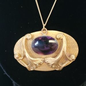 Art Nouveau Plated Cabochon Glass Necklace Antique Converted Brooch 18in